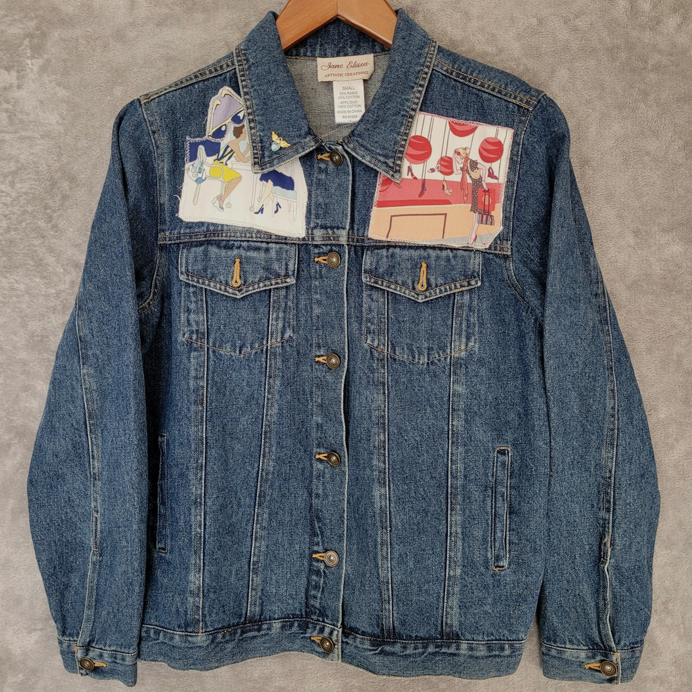 Vinage Y2K Jane Elissa Denim Jacket Womens S NYC Applique Art Collage Statement
